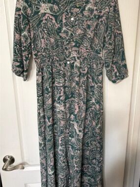 Paisley Button-Front Maxi Dress in Green and Pink
